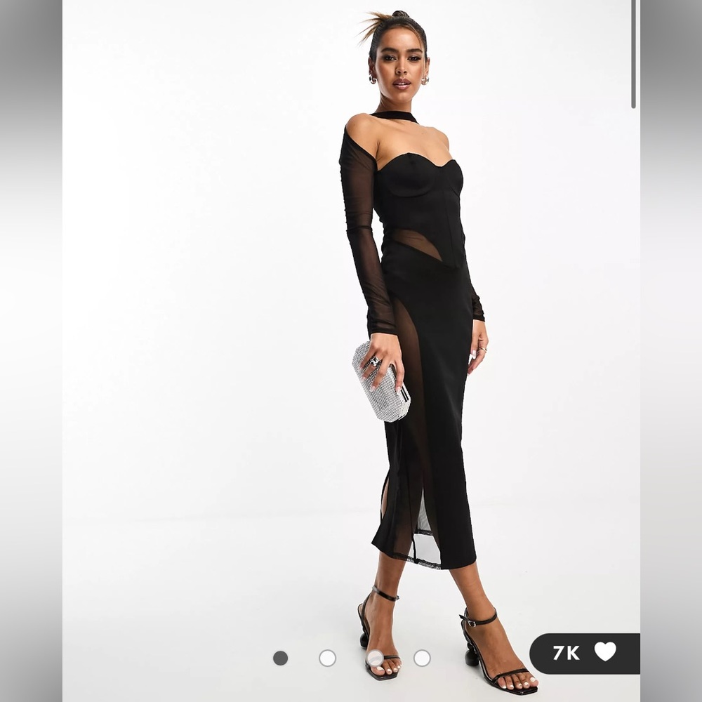 ASOS DESIGN long sleeve mesh corset midi dress in black